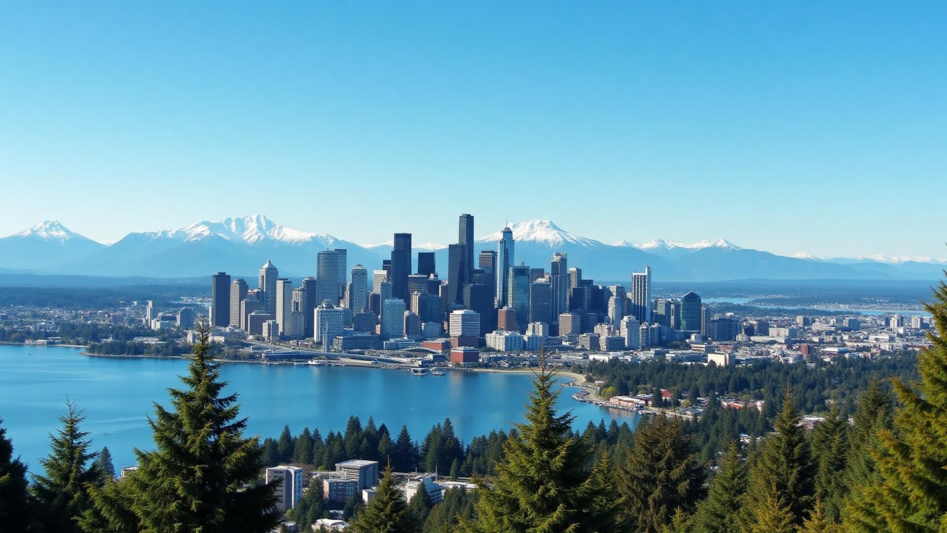 Online therapist in Bellevue Washington with downtown skyline and Lake Washington