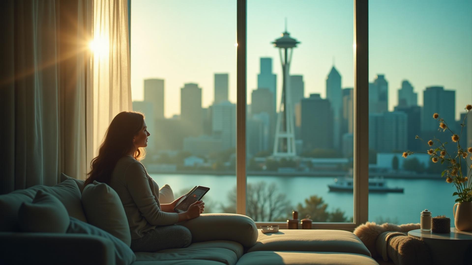 Woman relaxing at home with Seattle skyline and Space Needle view, representing online therapy for Seattle residents
