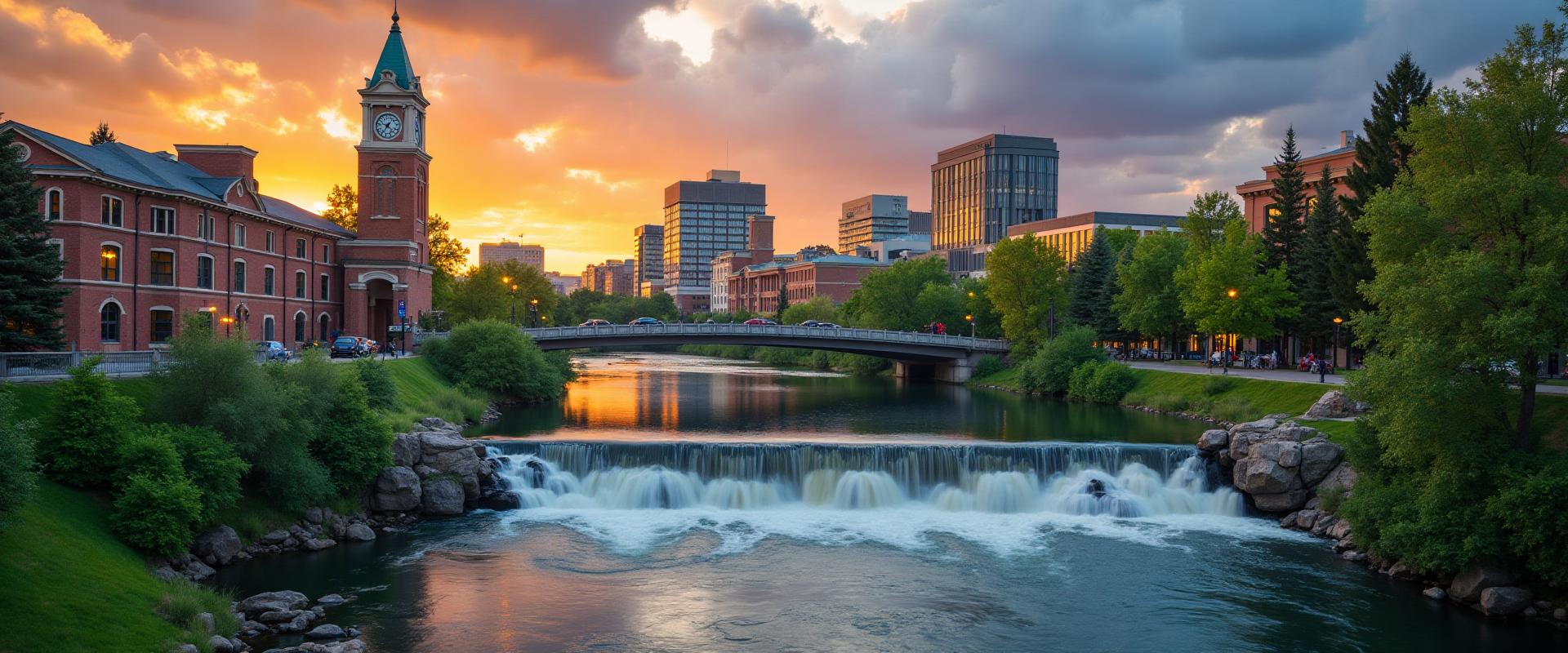 Spokane Falls and clock tower in downtown Spokane Washington